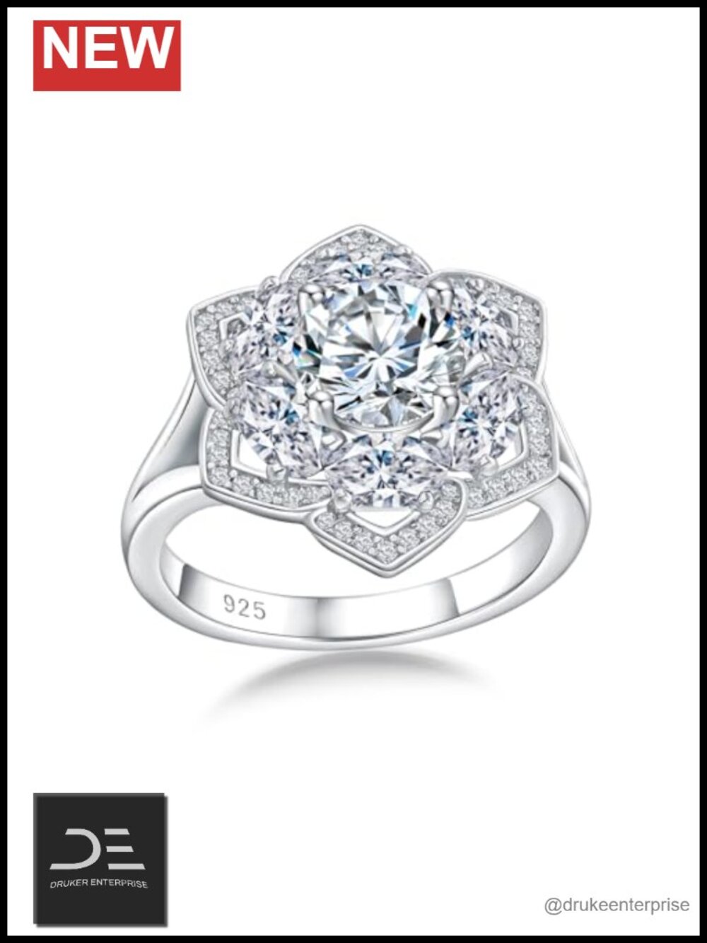 925 Sterling Silver Flower Cocktail Ring White Gold Plated Cubic Zirconia